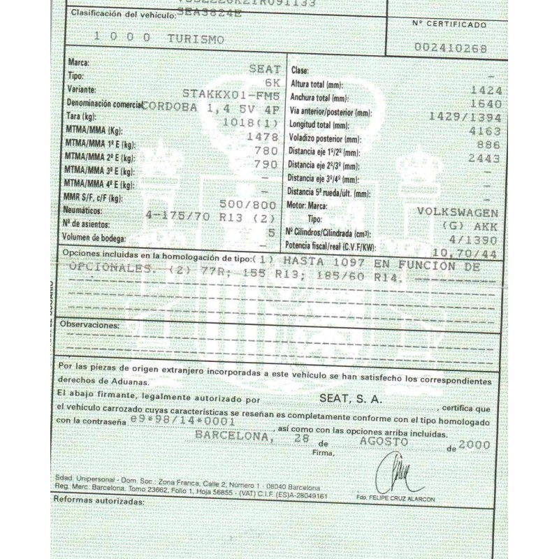 seat cordoba (6k1, 6k2) del año 2000