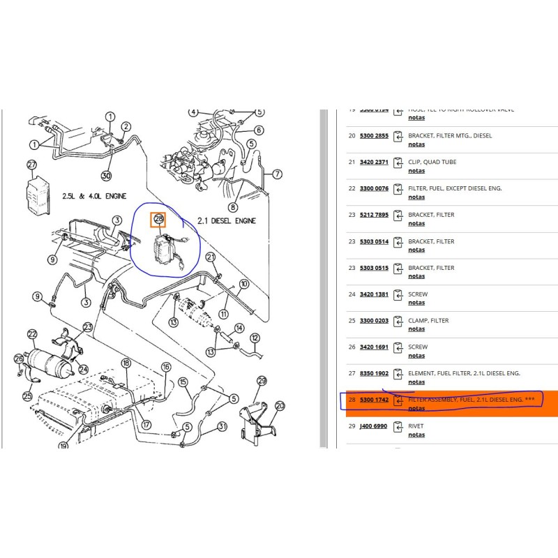 Recambio de filtro gasoil para chrysler jeep cherokee (xj) 2.1 turbodiesel referencia OEM IAM 53001742 53001742 