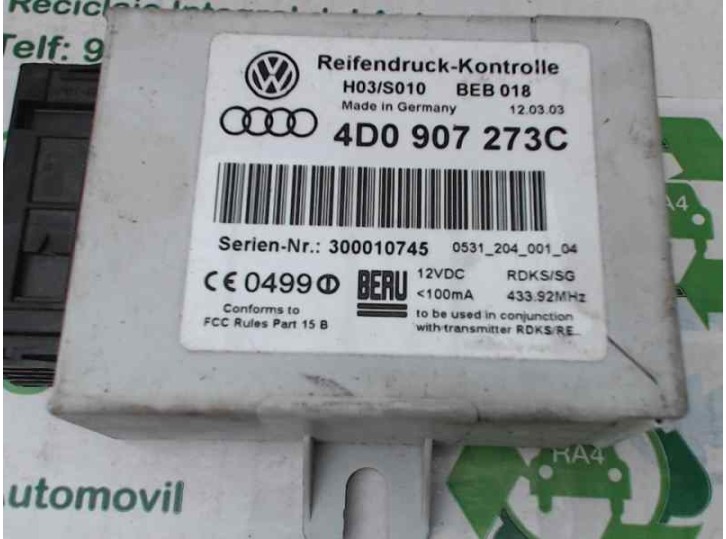 Recambio de centralita para audi a6 berlina (4b2) 2.4 quattro referencia OEM IAM 4D0907273C 