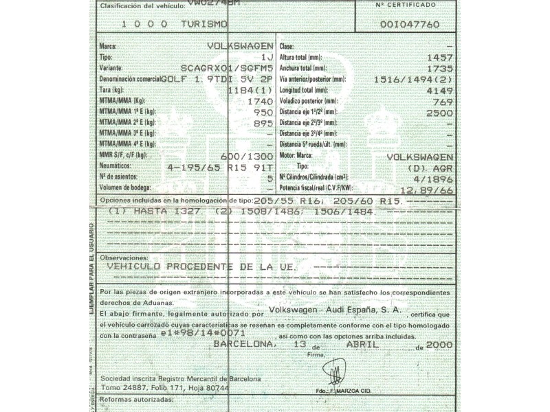 volkswagen golf iv berlina (1j1) del año 2000