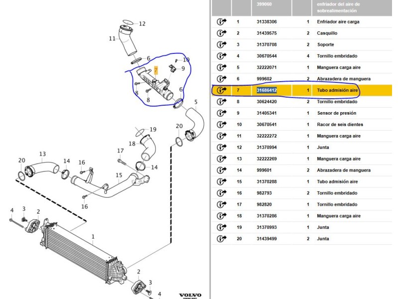 Recambio de tubo para volvo v90 ii station wagon (235) d5 awd referencia OEM IAM 31422153 31686412 